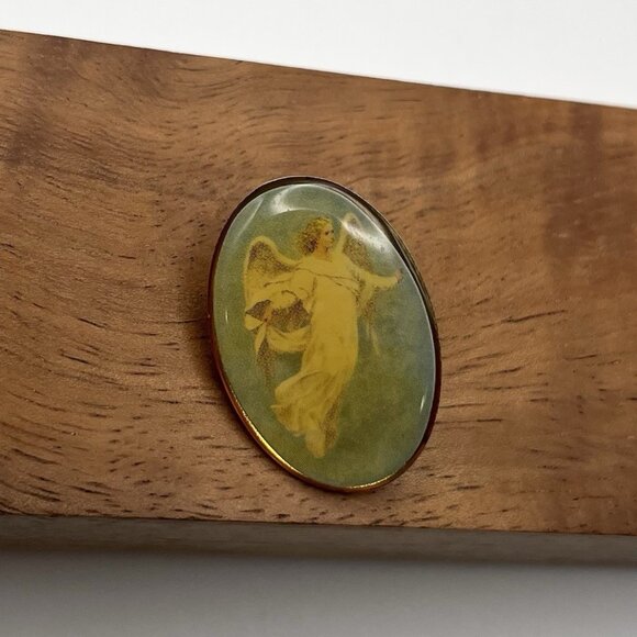 Vintage Guardian Angel Lapel Pin Oval Religious Christian Ethereal Mid Century - Picture 1 of 5